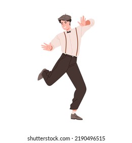 Man Dancing Charleston At 1920s Gatsby Party. Broadway Male Dancer Of Twenties. Happy Fashion Stylish Person Of Chicago 20s And 30s. Flat Vector Illustration Isolated On White Background