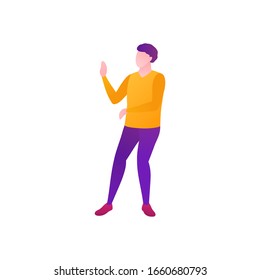 Un hombre bailando en un club, ilustración vectorial plana. Un hombre mueble representa baile y movimientos en la discoteca. Un hombre al ritmo del carnaval baila en una fiesta aislada de fondo blanco