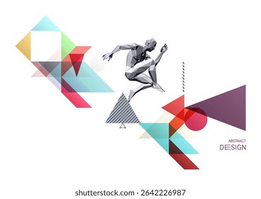 Man is dancing. Dance party. Art composition. Transparency geometrical background. 3D human body model. Vector illustration for cover, card, banner, brochure or presentation.