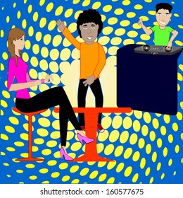man dancing in disco music are the disc jokey against a friendly girl