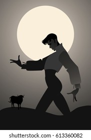 Man dancing flamenco and bull in the background. Vector Illustration