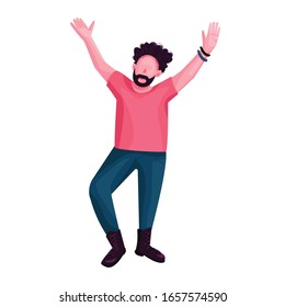 Man dancing flat color vector faceless character. Stylish guy at nightclub party. Modern dance performer standing, raising hands isolated cartoon illustration for web graphic design and animation