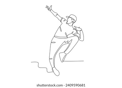 A man dancing hip hop wearing a hat. Dancing one-line drawing