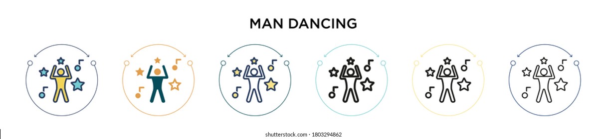 Man dancing icon in filled, thin line, outline and stroke style. Vector illustration of two colored and black man dancing vector icons designs can be used for mobile, ui, web
