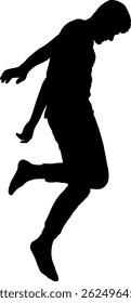 Man dancing in a jump isolated silhouette, front view.