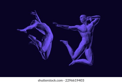 Man is dancing. Jumping men. Leadership or freedom concept.Gymnastics activities for icon health and fitness community. Sport symbol. Design element. 3d vector for brochure, presentation or banner.