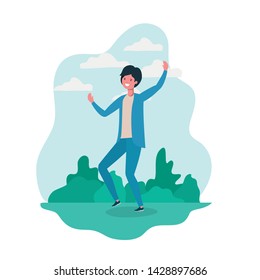 man dancing in landscape with trees and plants