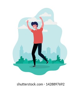 man dancing in landscape with trees and plants