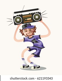 Man dancing and listening to music with his old tape recorder. Vector illustration in cartoon style