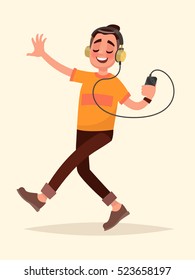 Man Dancing Listening To Music On Your Phone Through Headphones. Vector Illustration In Cartoon Style