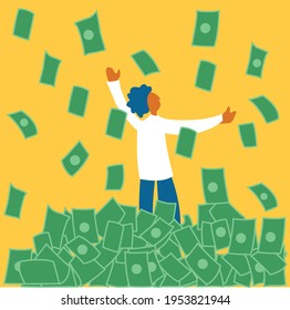 A man dancing and money falling from sky, this illustration shows financial stability of man and good fortune 