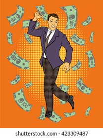 Man dancing with money flying around. Vector illustration in retro comic pop art style. Business and financial success concept.