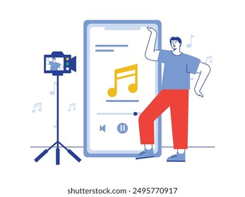 A man dancing to music on his phone, recording with a camera. Character design. Vector flat illustration