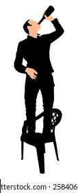 Man dancing on chair and drinking wine, silhouette