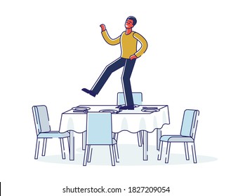 Man tanzt auf dem Tisch, um Leistung oder Geschäftserfolg zu feiern. Drunk Cartoon männlichen Charakter Tanz auf Feier oder Feiertag. Lineare Vektorgrafik