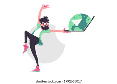 Man dancing with open laptop vector illustration. Bearded man with modern computer device moving flat style. Relax, fun pause, technology concept. Isolated on white background
