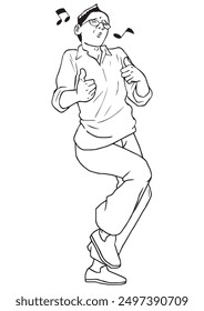 A man dancing with strange body gesture. Illustration in black and white and vector format.