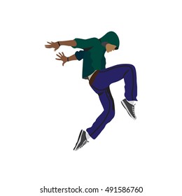 Man dancing street dance in urban hip hop style. Dancer jumping and dancing break dance with hoodie.