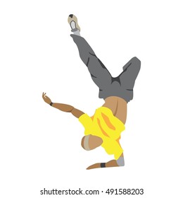 Man dancing street dance in urban hip hop style. Dancer jumping and dancing break dance.
