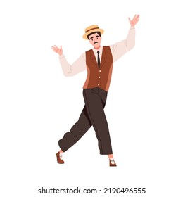 Man Dancing In Twenties Style. Charleston Dancer With Mustache At Broadway Night Party In 1920s. Chicago Person In Retro Fashion Clothes, Hat. Flat Vector Illustration Isolated On White Background