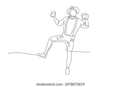 Man dancing with two gear glasses. Oktoberfest concept one-line drawing