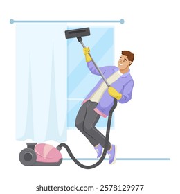 Man dancing with vacuum cleaner while cleaning the house. Vector illustration