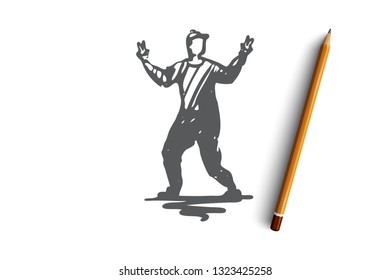 Man, dancing, young, male, attractive concept. Hand drawn young man dancing concept sketch. Isolated vector illustration.