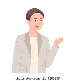 A man in a dandy style is talking with his hands raised. flat design style vector illustration.