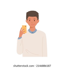 A man in a dandy style wearing a knitted shirt over a shirt is looking at a cell phone in his hand. flat design style vector illustration.