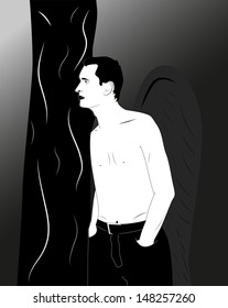 Man dark angel watching from behind a tree