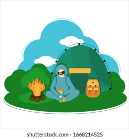 Man with dark beard in blue sport suit  with hood and yellow cup of tea on the camping. Bright character traveler on glade in forest  near beige tent, backpack and bonfire.  Concept active vacation