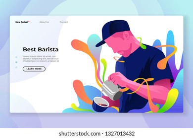a man in dark blue and wearing a hat is pouring coffee into a glass - All elements on this template are editable with vector software