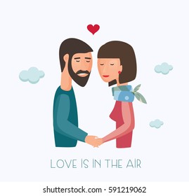 Man with dark brown beard and hat keeps in hand his girlfriend: woman with dark brown hair and blue scarf. Cute vector card in hipster easy style. 