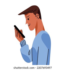 Man with dark brown skin standing in profile holding a smartphone with smile. Scrolling feed, social media, using apps, making a phone call. Torso portrait. Vector flat Illustration in cartoon style.