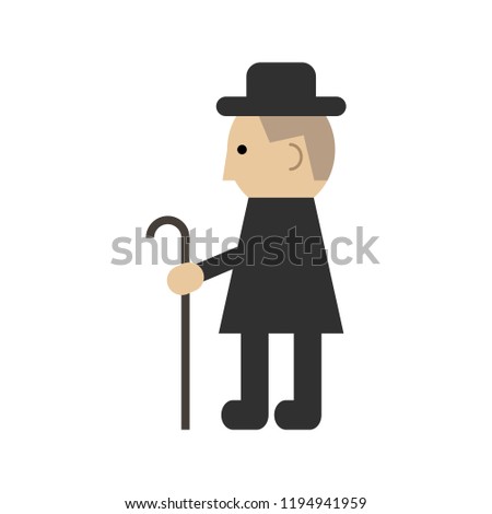 Man in dark gray clothes and a hat with a cane on a white background