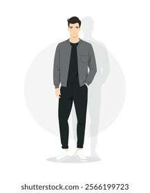 A man in a dark gray jacket and black trousers creates an image of understated elegance. An ideal choice for cool weather.