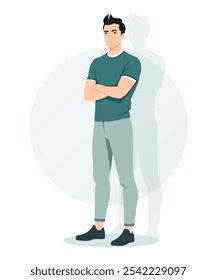 A man in a dark green T-shirt and light gray trousers with a confident pose and crossed arms. Suitable for a casual look, the style is simple and discreet.