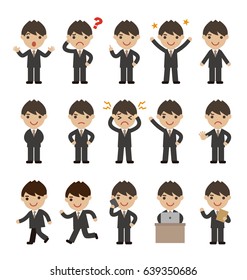 Man in dark grey suits character set, various pose and expression