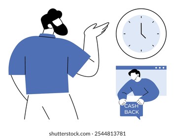 Man with dark hair and beard wearing a blue outfit is gesturing towards a clock. Another image of same man is shown holding a sign for cash back. Ideal for finance savings time management promotions