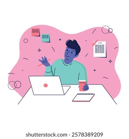 Man with dark hair and blue skin drinks coffee, holds a pen and communicates on a computer, notes on the wall, a flat illustration, business situation