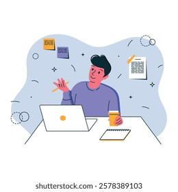 Man with dark hair drinks coffee, holds a pen and communicates on a computer, notes on the wall, a flat illustration, business situation