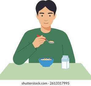 A man with dark hair smiles as he eats cereal from a blue bowl, accompanied by a carton of milk, creating a cheerful breakfast scene.