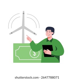 Man with dark hair smiling and pointing to a turbine with green money illustration, holding a black clipboard, suggesting green energy investment and renewable resources