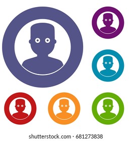 Man in the dark icons set in flat circle red, blue and green color for web