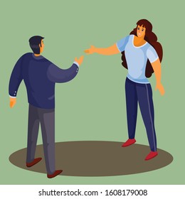 a man in a dark jacket stands with his back and holds out his hand to greet the woman, a woman in dark trousers and with dark flowing hair holds out his hand in response 