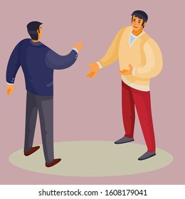 a man in a dark jacket stands with his back and holds out his hand to greet the man, a man in a light sweater holds out his hand in response, lilac background, separate layers, vector illustration