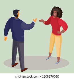 a man in a dark jacket stands with his back and holds out his hand for greeting to an African-American woman, a woman in bright trousers and with dark loose hair holds out his hand in response, light