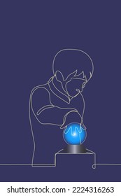 man in the dark put his hand on a glowing ball - one line drawing vector. concept magician, sorcerer or divination by light ball