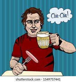 A man in a dark red T-shirt sits at a table and smiles, holding a fork with a sausage in one hand and a glass beer mug in the other