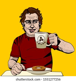 A man in a dark red T-shirt sits, smiling and holds a cup of coffee, on the table is a plate with a doughnut, vector illustration in comic style